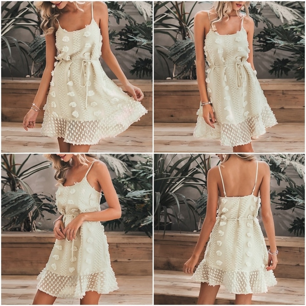 Textured Mini Dress Beige Ruffle Cami Ties - Picture 5 of 12